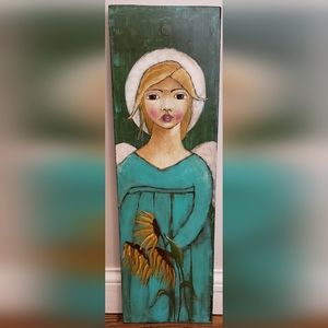 🌻 Original ANGEL Folk Art SUNFLOWER Girl ~Signed Painting on Wood👼24" Tall